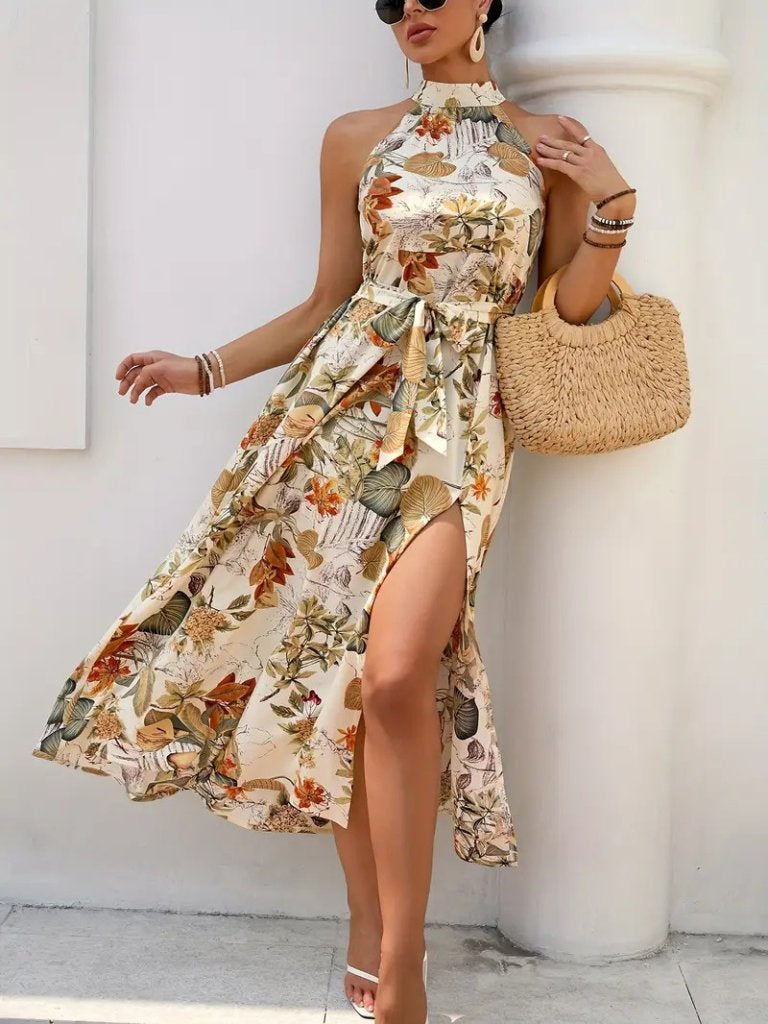 Women’s Off-Shoulder Halter Neck Slit Floral Printed Supreme Dress