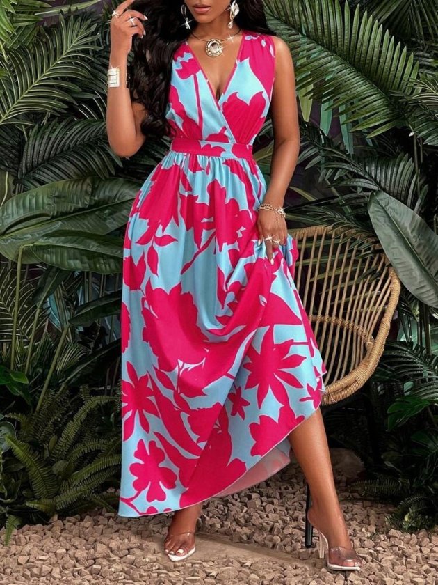Women’s Strappy Wrap Neck Floral Pattern Long Supreme Dress
