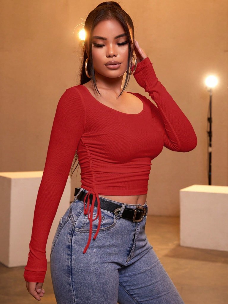 Women's Red Ribbed Fabric Blouse