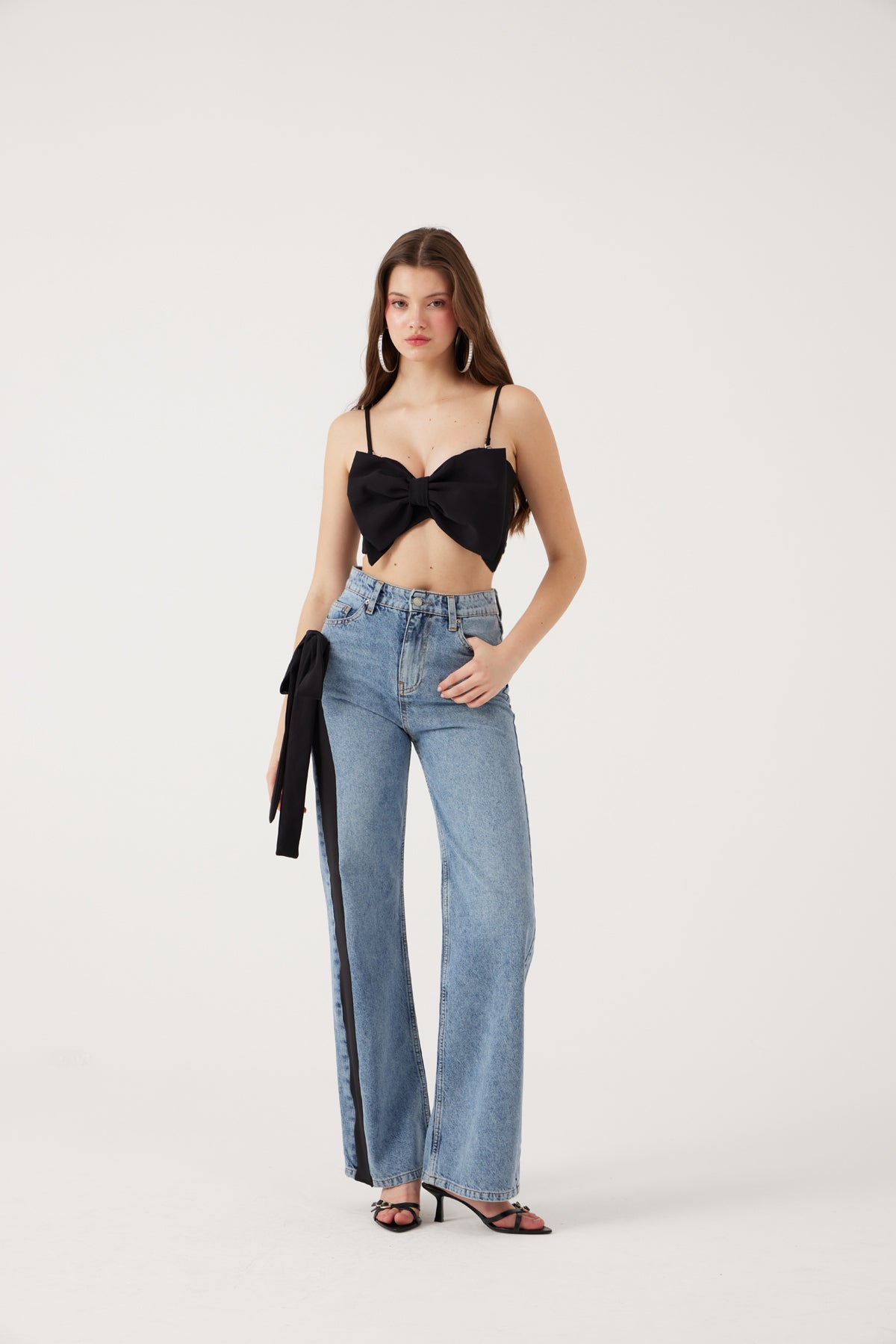 Yüksek Bel Kurdele Detaylı Wide Leg Kyla Jean Pantolon Siyah