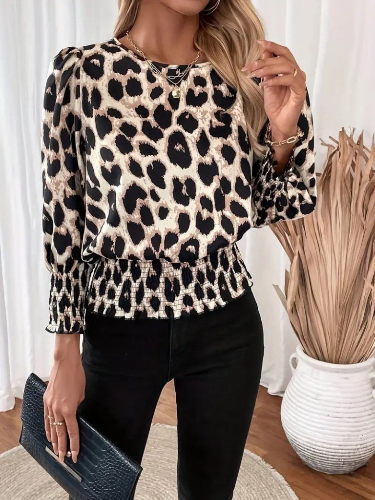 Women's Long Sleeve Crew Neck Leopard Print Modal Blouse