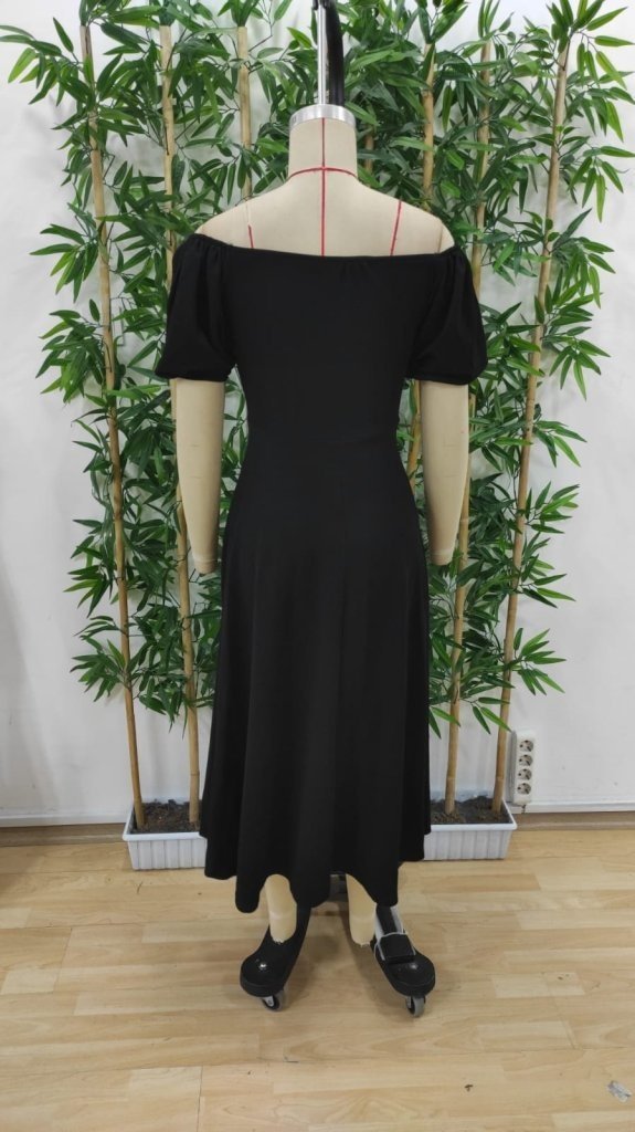 Kadın Kısa Kollu Kare Yakalı Yırtmaçlı Midi Janjan Krep Elbise