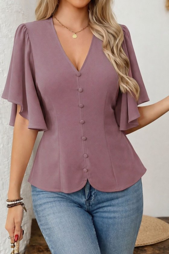Women's Short Sleeve Front Button Imported Crepe Blouse