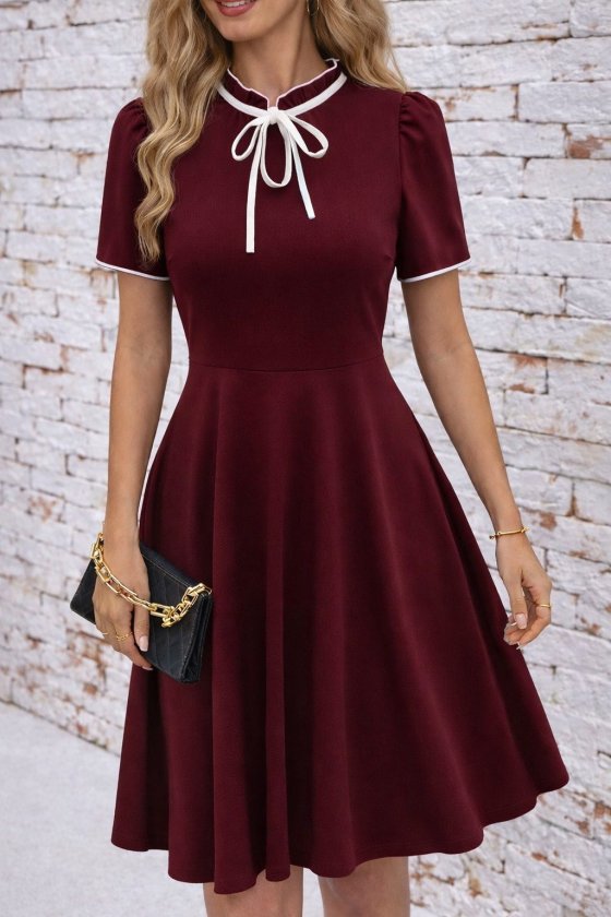 Women's Short Sleeve Neck Tie and Ruffled Midi Ruffle Crepe Dress