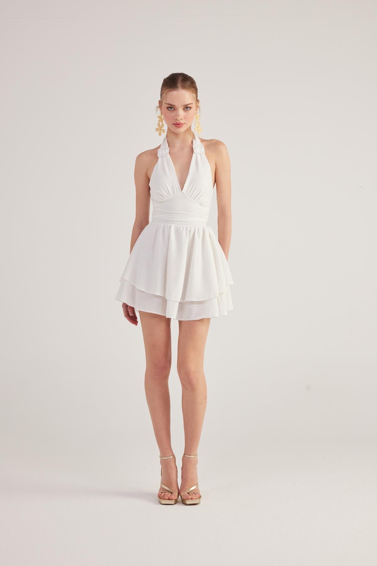 Boyundan Bağlamalı Kloş Marilyn Elbise Beyaz Beyaz L