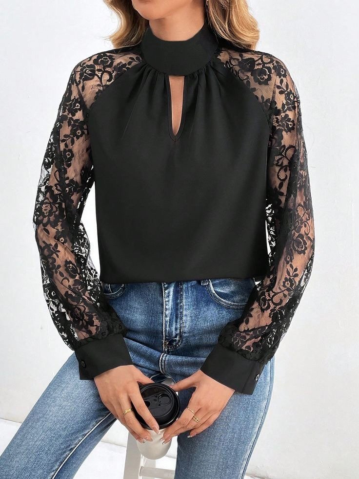 Women's Long Sleeve Chest Window Detail Turtleneck with Tulle Sleeves Sandy Blouse