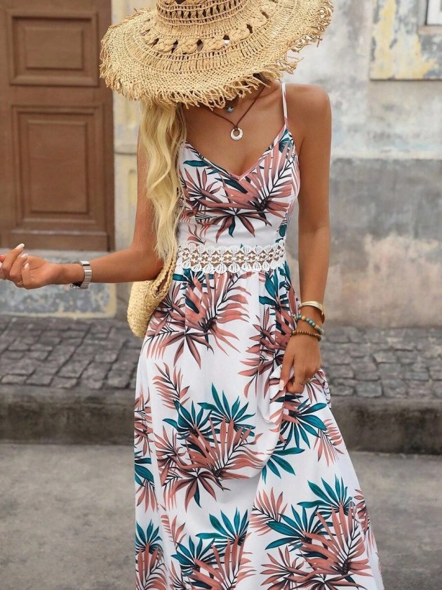 Women's Spaghetti Strap V Neck Waist Lace Long Supreme Dress
