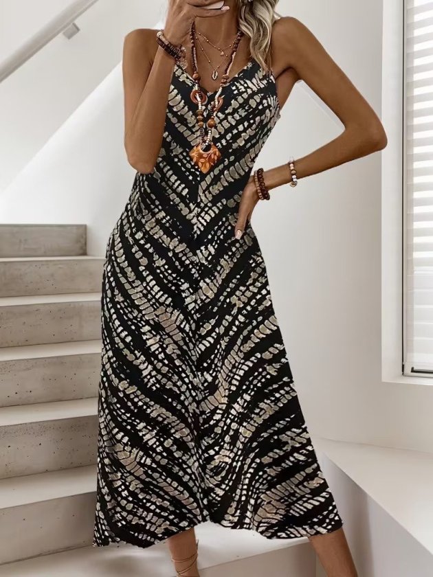Women's Spaghetti Strap V-Neck Patterned Long Supreme Dress