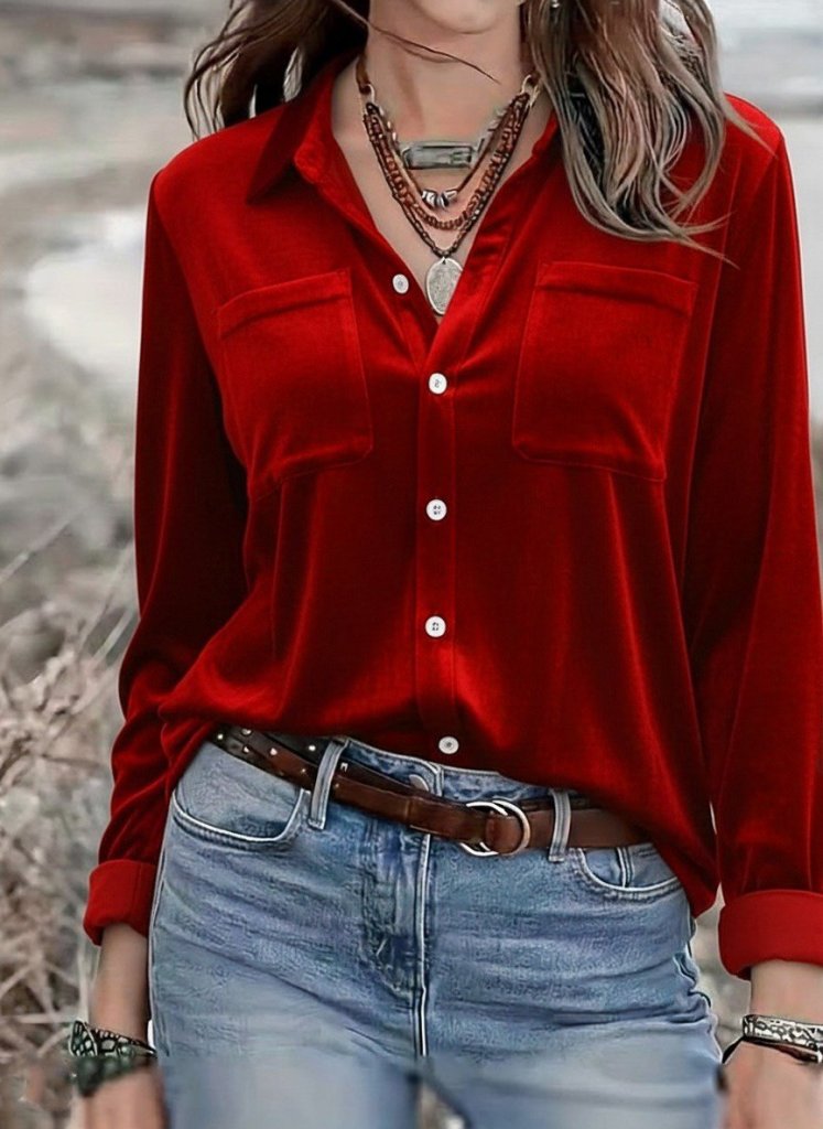 Women's Long Sleeve Collared Corduroy Shirt with Front Buttons and Pocket Detail