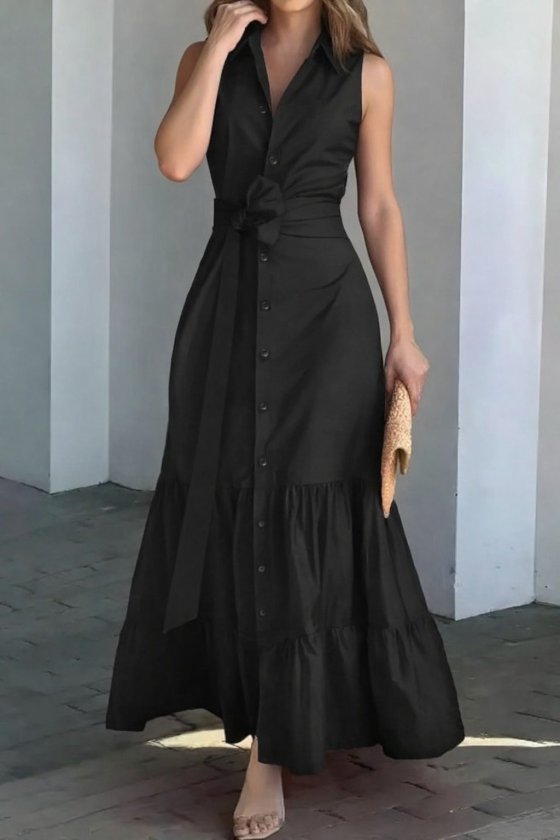 Women's Sleeveless Collar Front Button Waist Belt Long Tricot Dress
