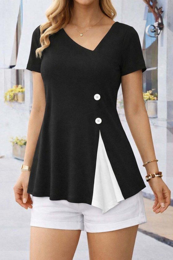 Women's Short Sleeve Asymmetric V-Neck Button Detail Viscose Blouse
