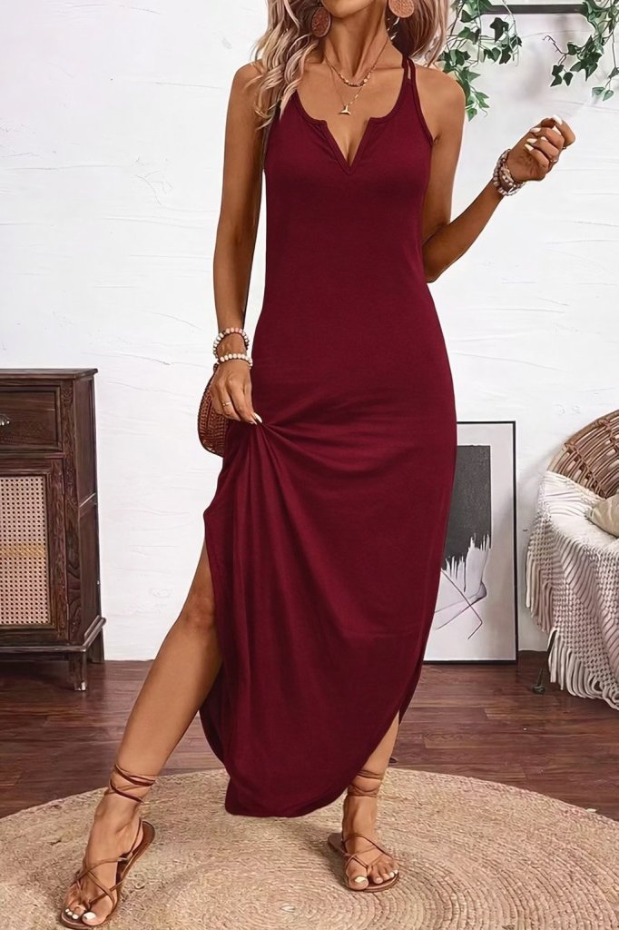 Women’s Strappy V-Neck Long Viscose Dress with Side Slits