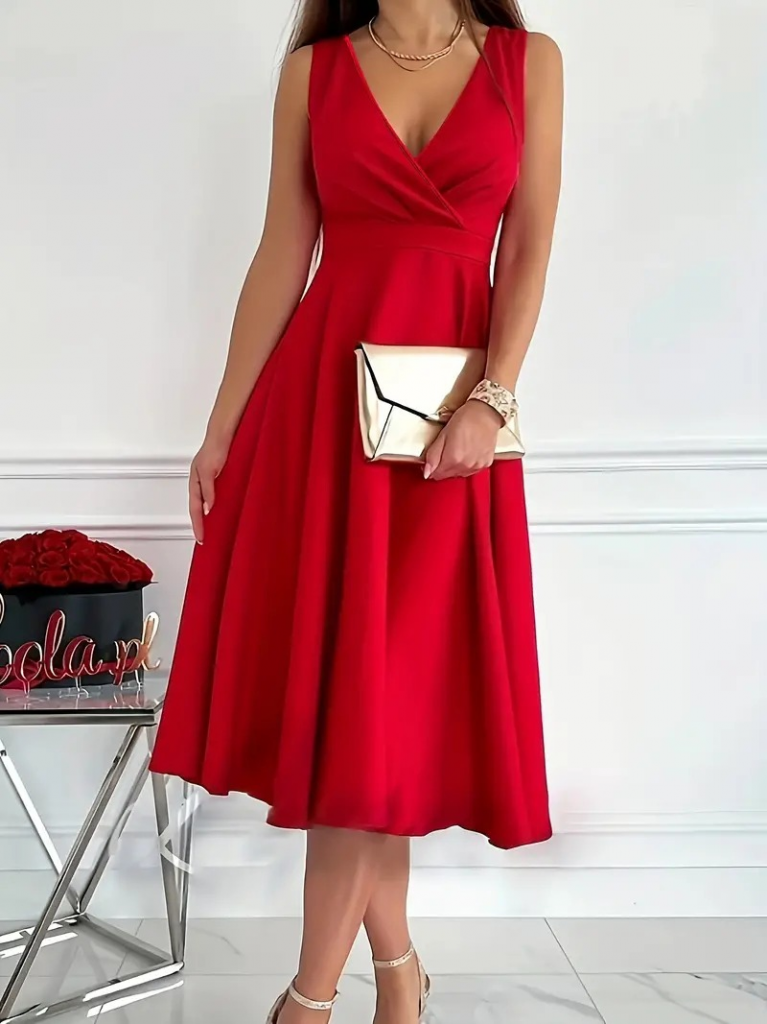 Women's Imported Crepe Fabric Wrap Collar Flared Hem Sleeveless Mini Dress