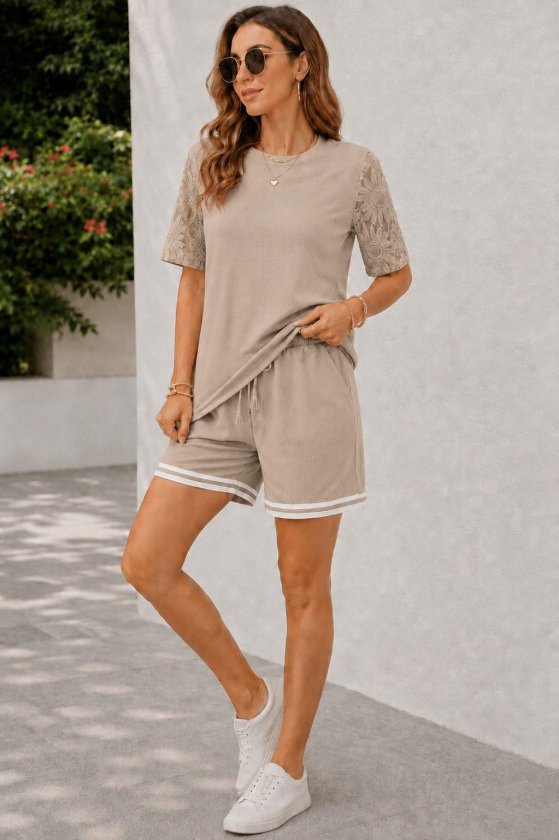 Women's Short Sleeve Crew Neck Waffle Blouse and Shorts Two-Piece Set