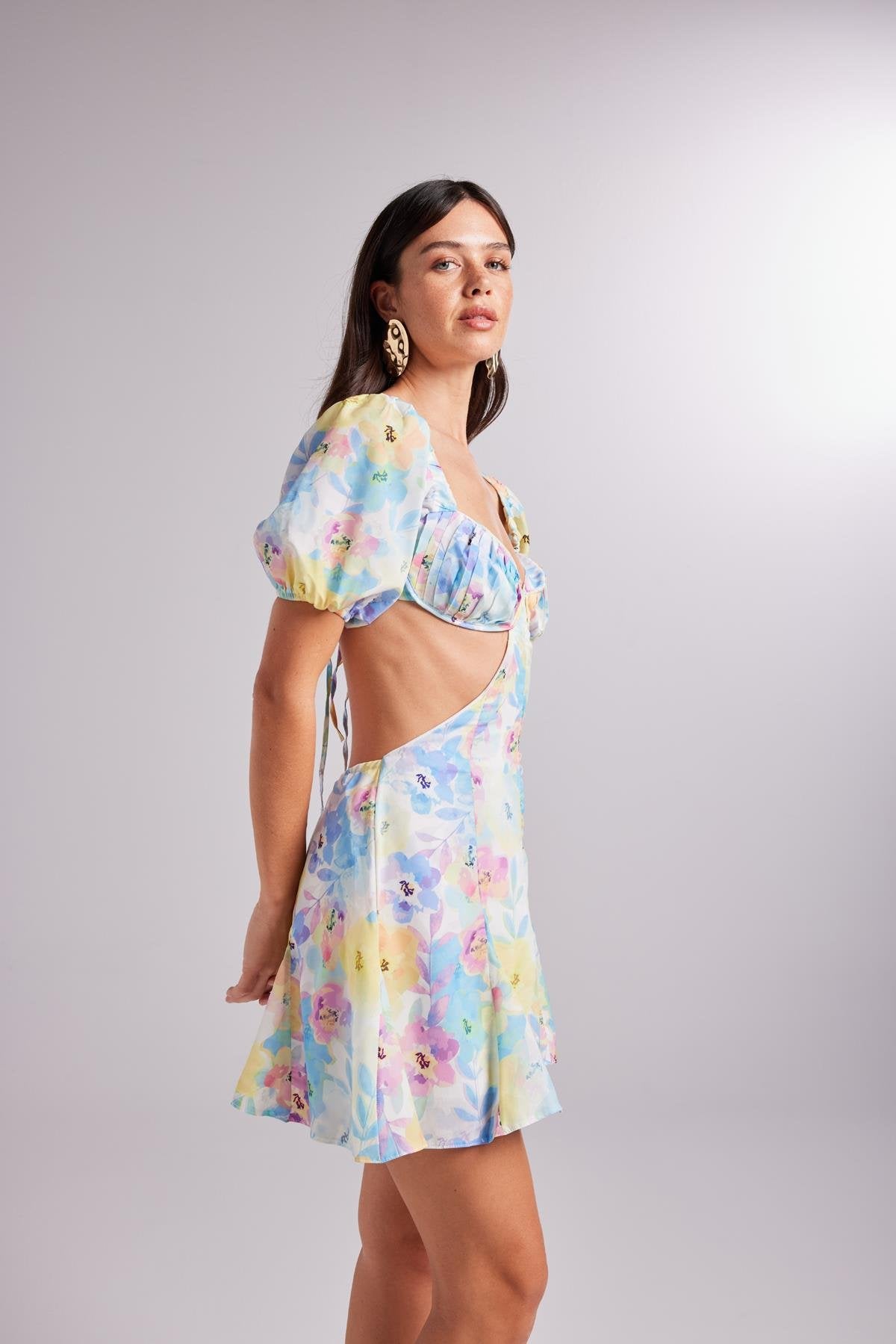 Çiçek Desenli Mini Boy Balon Kol Liana Elbise Mavi