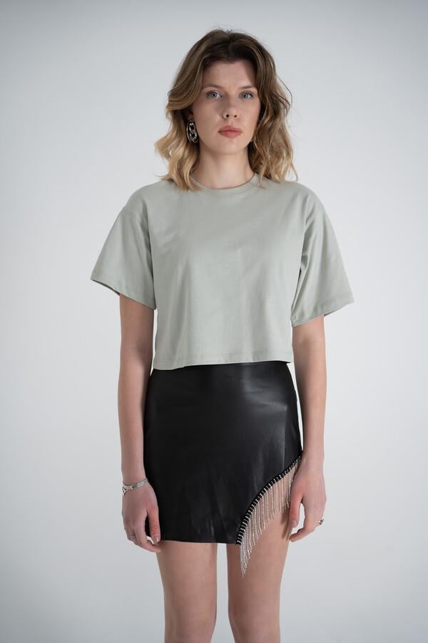 Kısa Kol Bisiklet Yaka Basic Viole Tshirt Haki