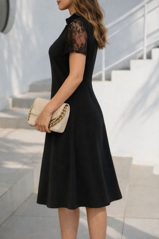 Women's Short Sleeve Interlocking Tie Neck Detail Midi Ruffled Crepe Dress