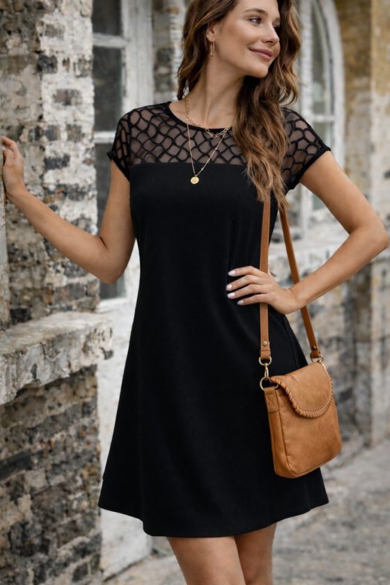 Women's Short Sleeve Crew Neck Tulle Detailed Short Ruffled Crepe Dress