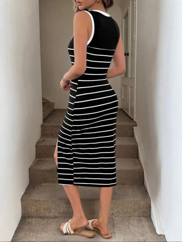 Women's Sleeveless Round Neck Blouse with Strap Detail and Slit Midi Knit Dress