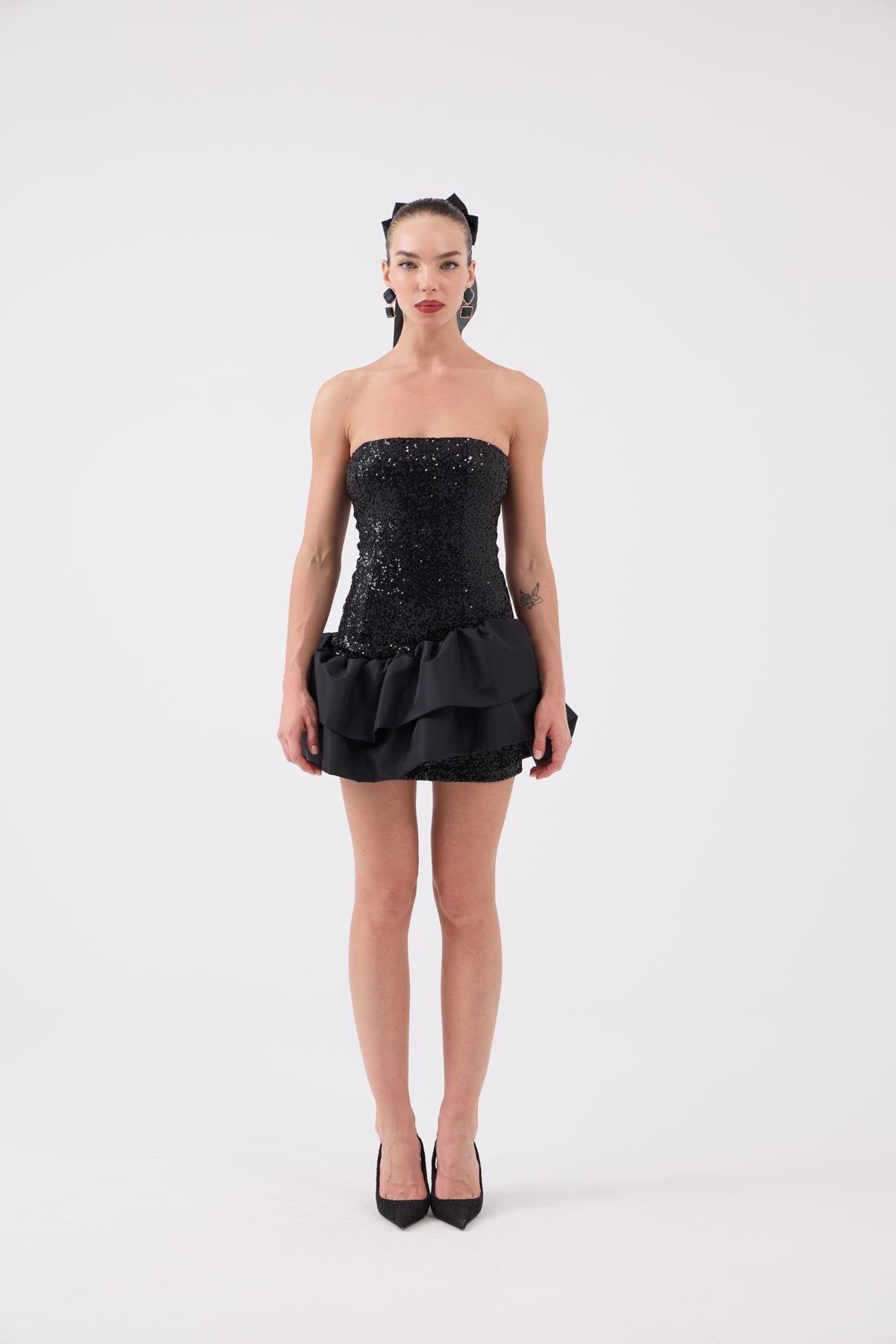 Payetli Mini Frencesca Elbise Siyah