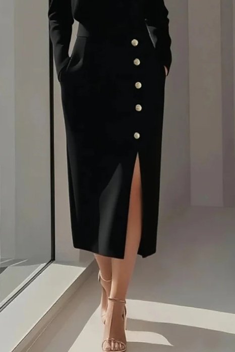 Women's Long Sleeve Crew Neck Side Slit Buttoned Midi Imported Crepe Dress