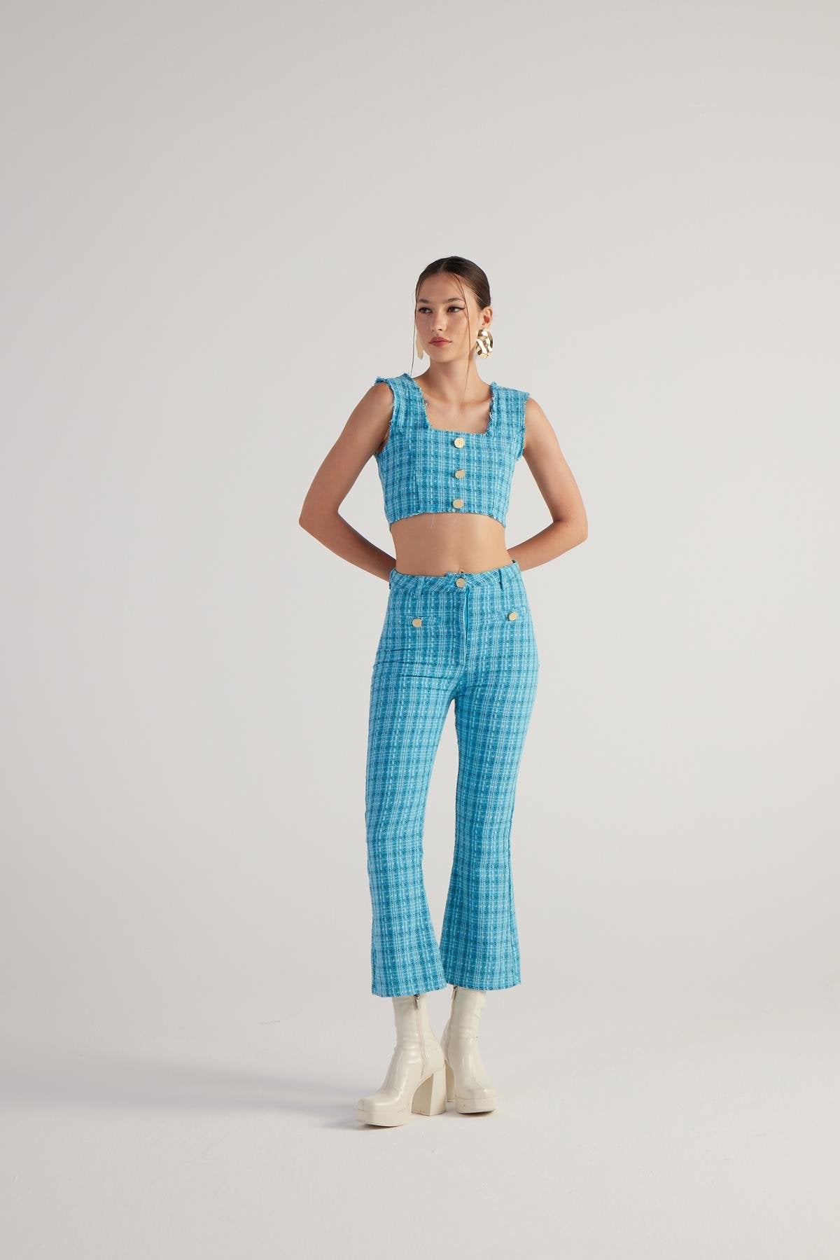 Tüvit Kumaş Crop Tweed Büstiyer Mavi