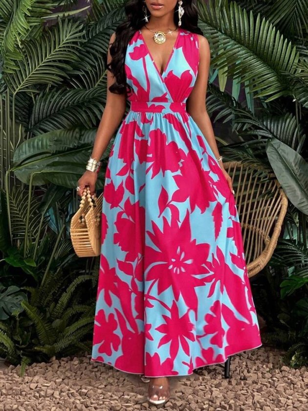 Women’s Strappy Wrap Neck Floral Pattern Long Supreme Dress
