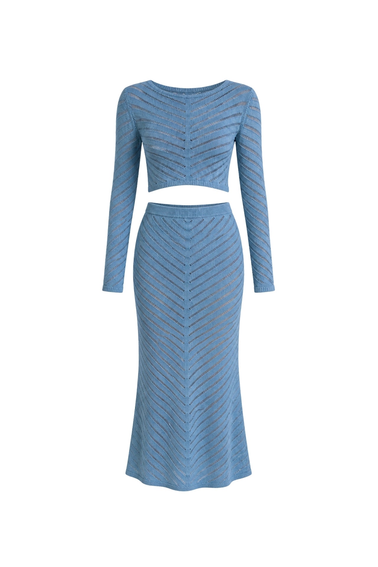 Örgü Desen Crop Bluz Maxi Etek İkili Mavi Triko Takım