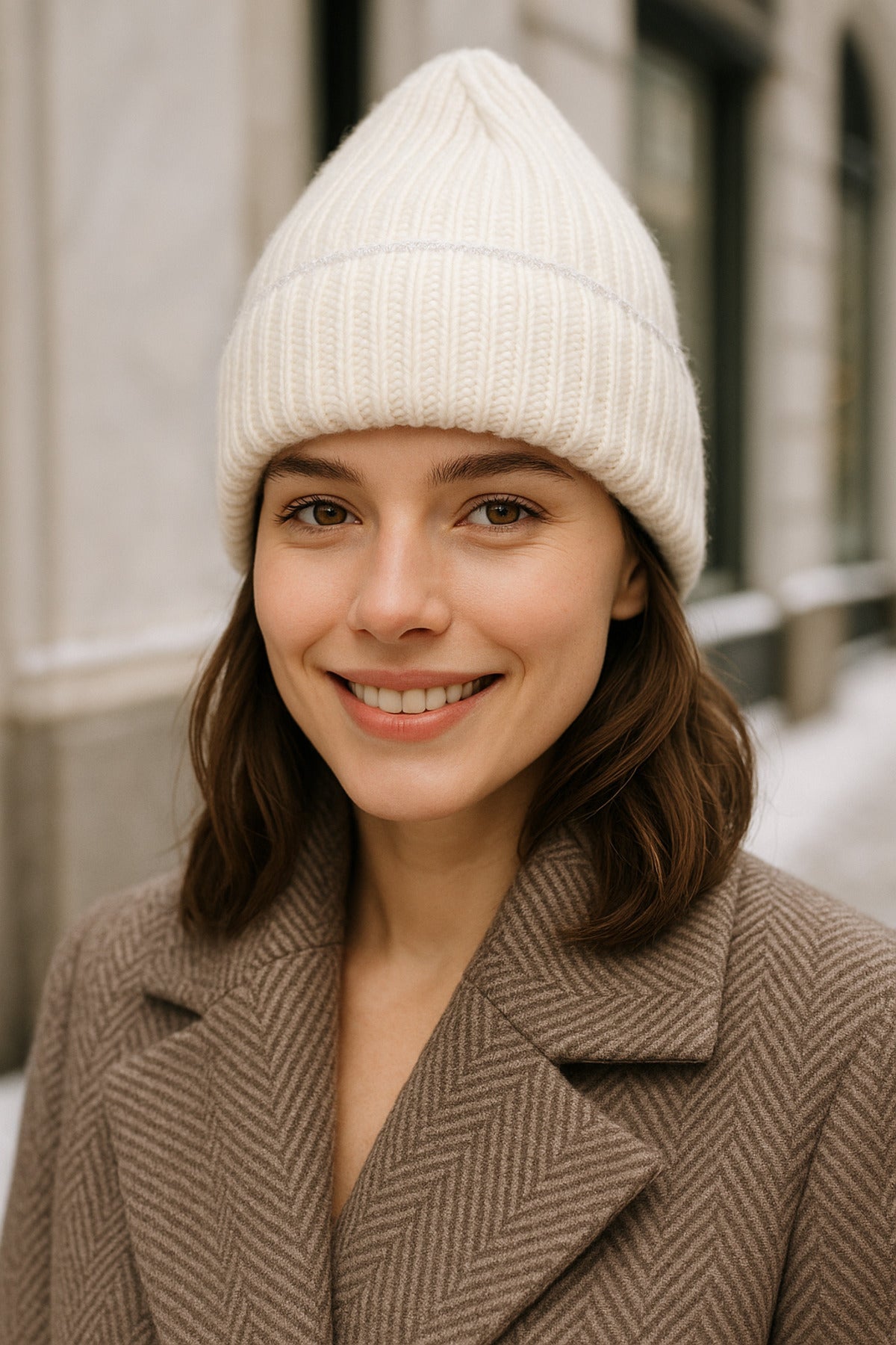 Ekru Örme Kadın Bere, Parlak Şerit Detaylı, Şık Ve Rahat, Soğuk Hava Için Ideal Başlık Bere1139