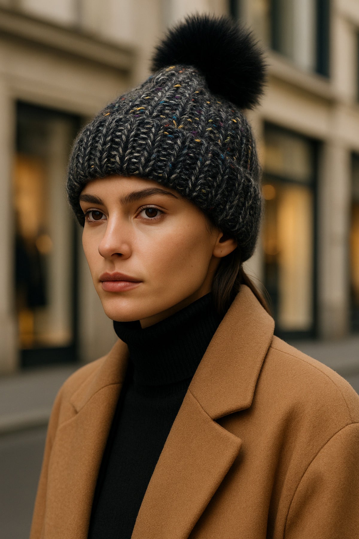 Kadın Siyah Ponponlu Yünlü Bere BERE1142