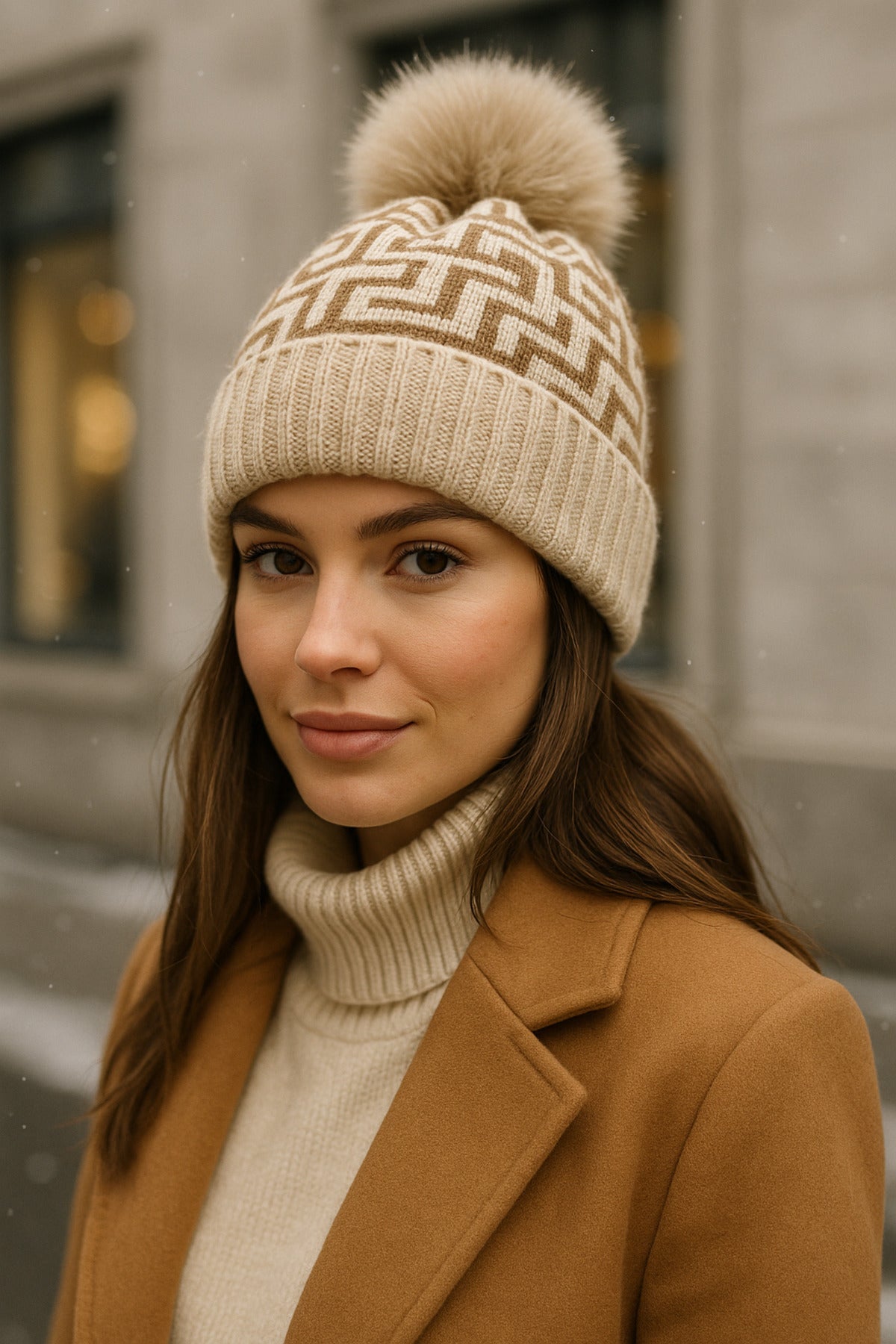 Kadın Bej Desenli Ponponlu Yünlü Bere BERE1144