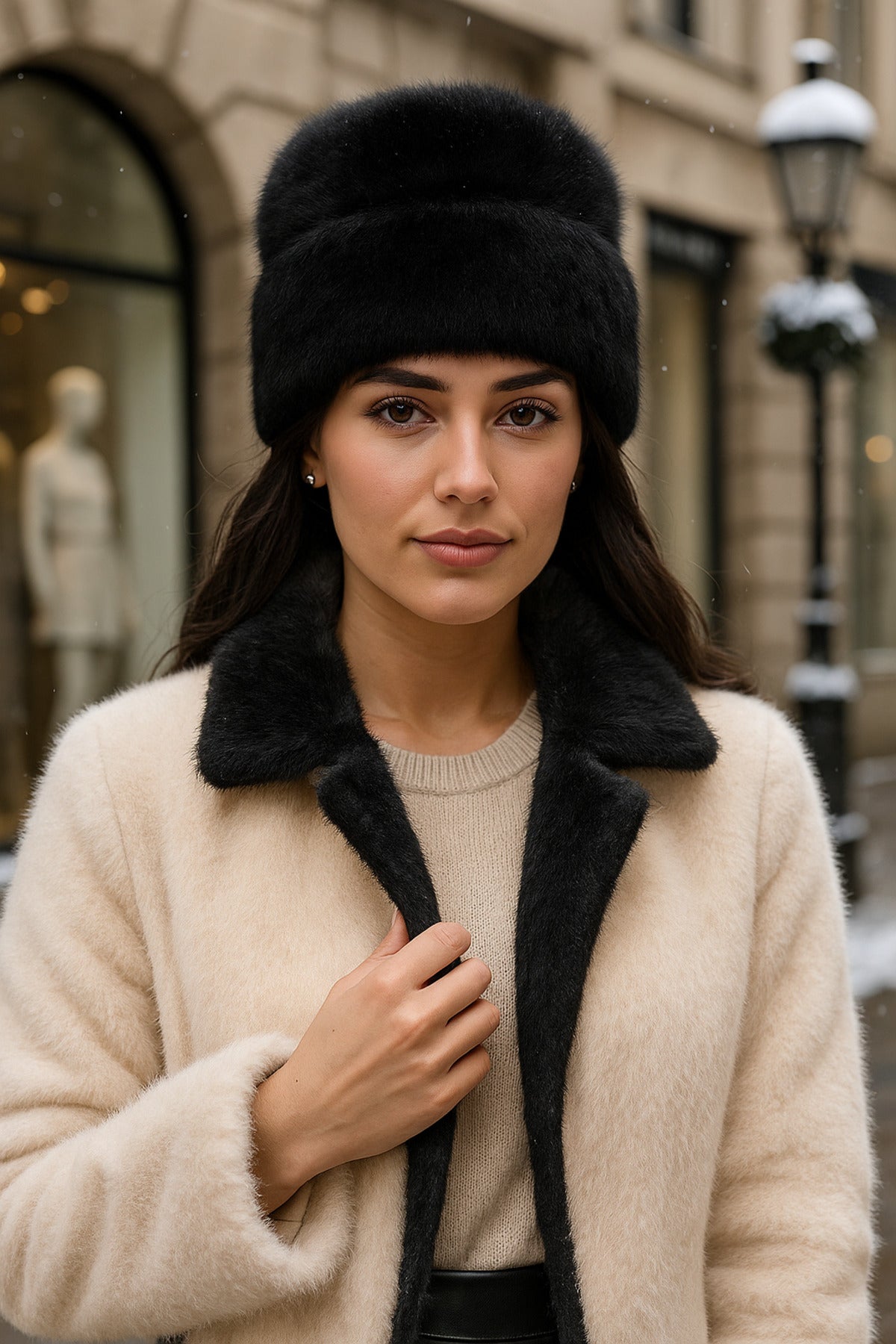 Kadın Siyah Yünlü Peluşlu Bere BERE1146