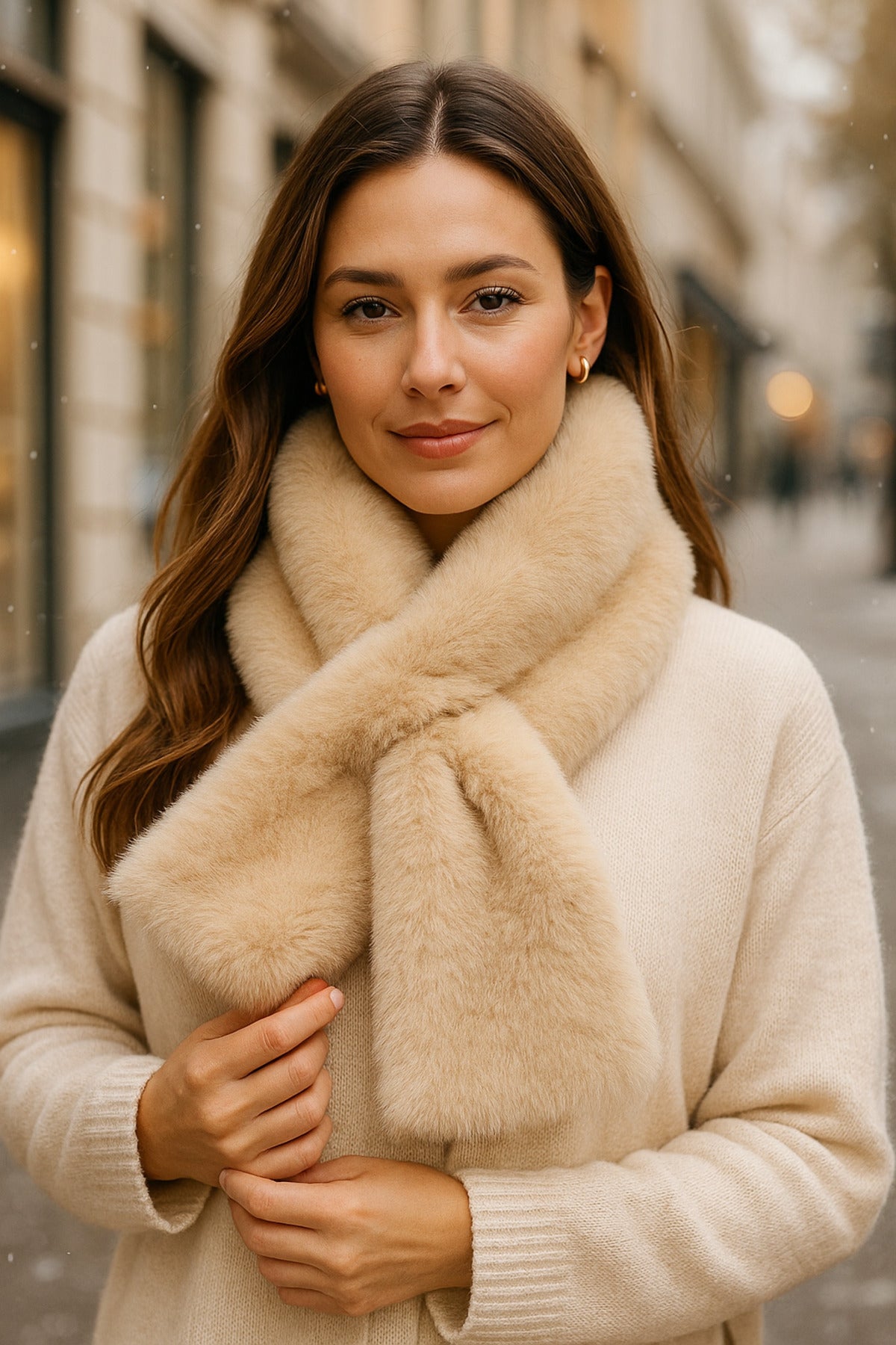 İthal Yumuşak Tüylü Bej Atkı, Kışlık Sıcak Tutan Premium Peluş Boyunluk Byn01-1