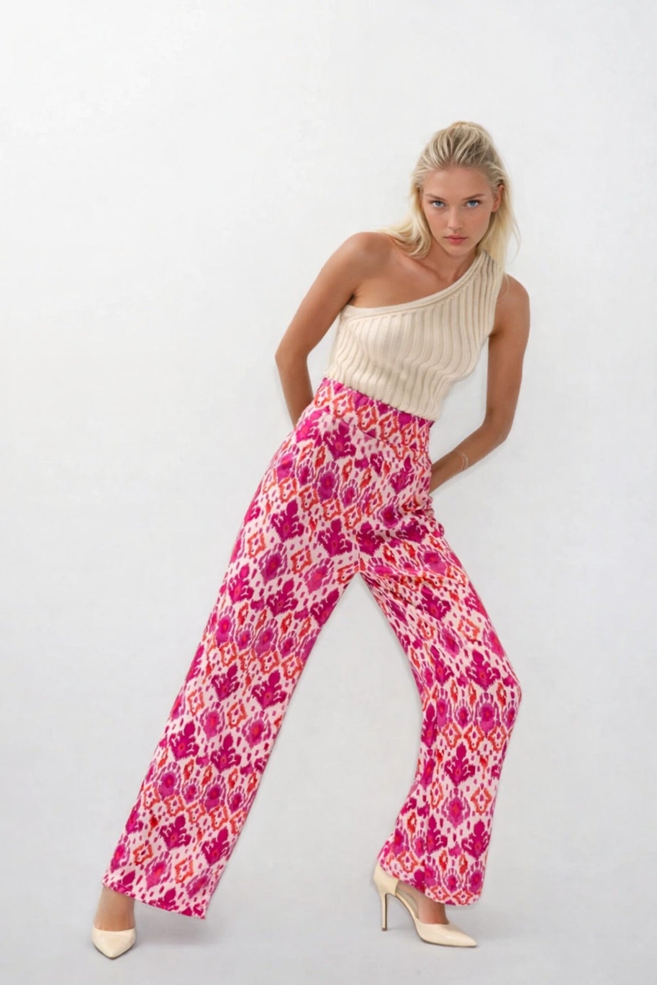 Desenli Saten Pembe Pantolon