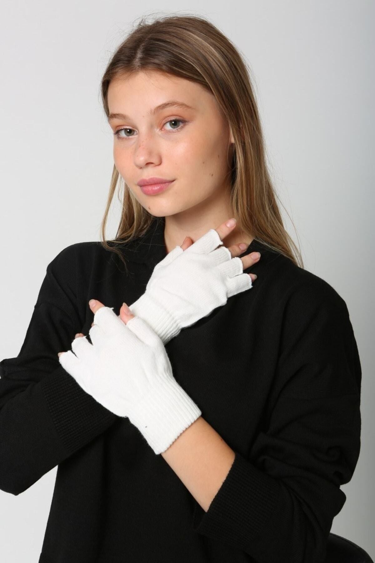 Unisex Kesik Yarım Parmaklı Ekru Eldiven Eld02
