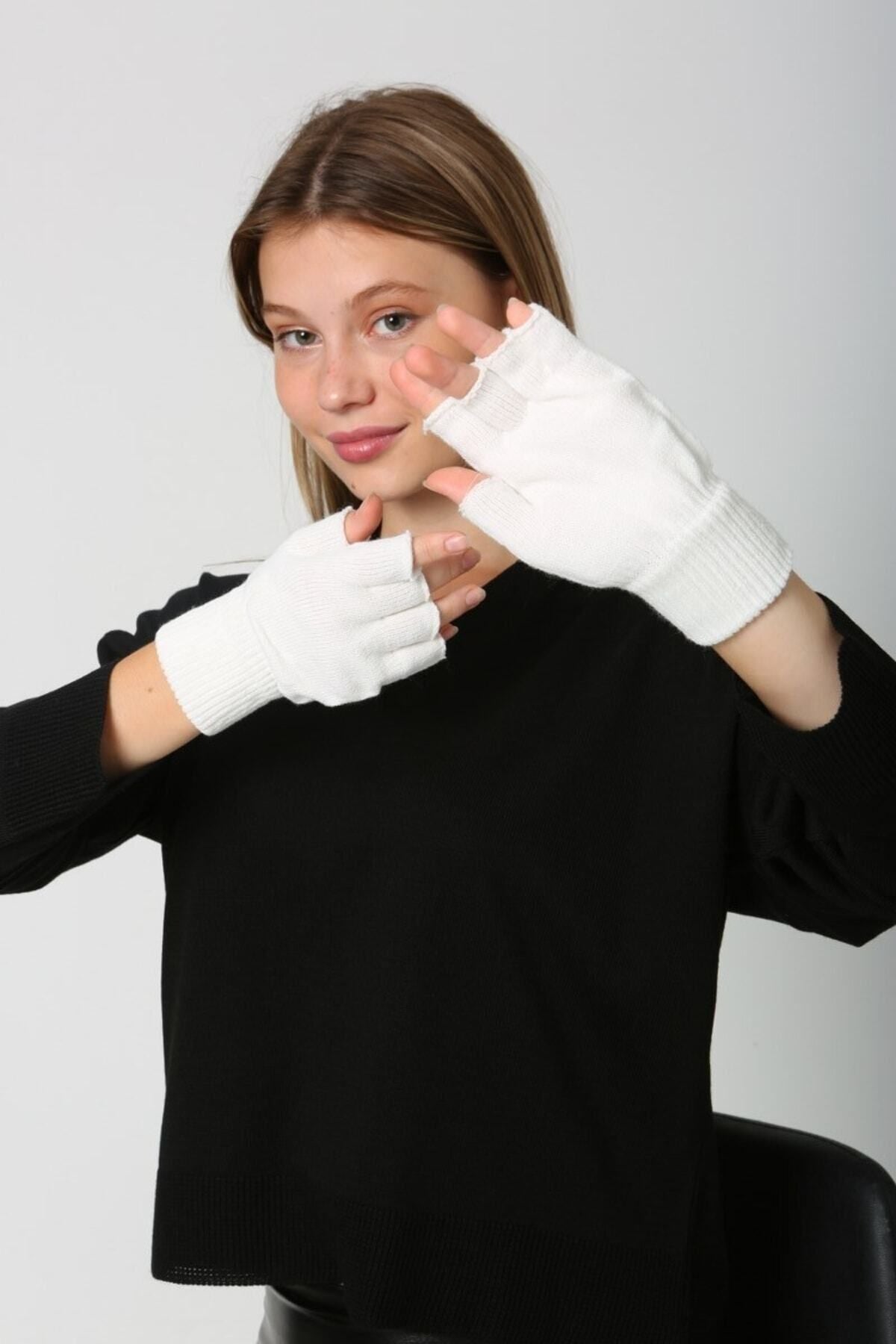 Unisex Kesik Yarım Parmaklı Ekru Eldiven Eld02