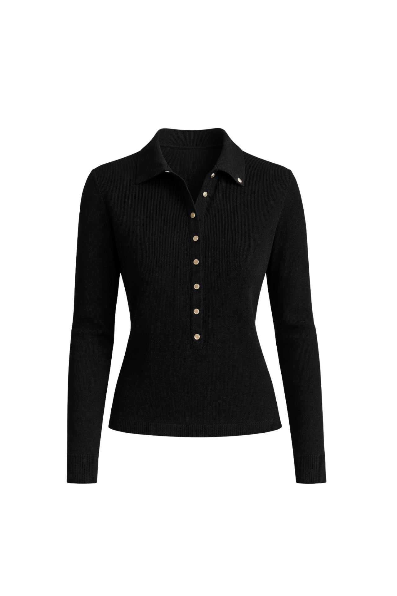 Polo Yaka Çıtçıtlı Siyah Triko Bluz