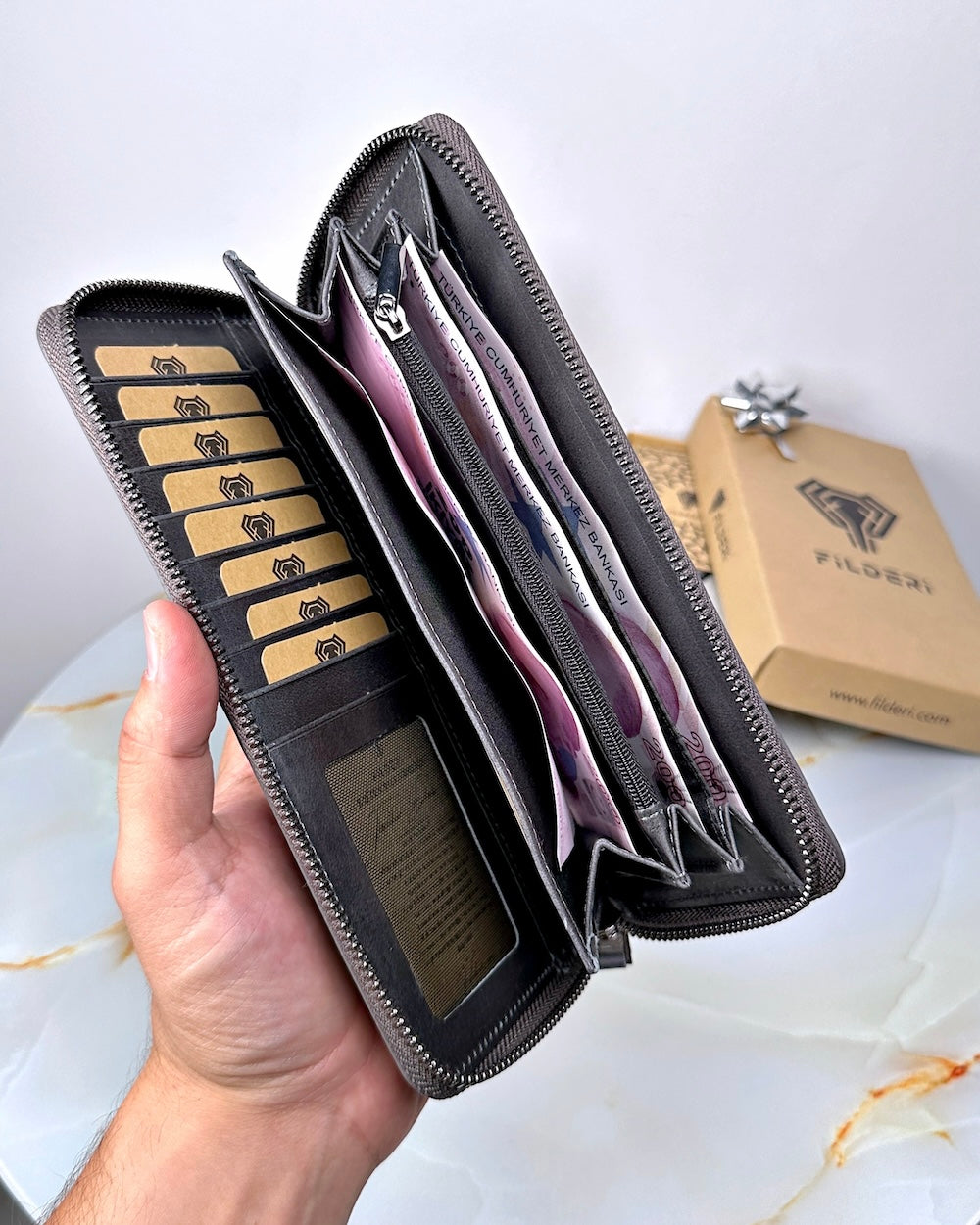 Fermuarlı Cüzdan – Hakiki Deri, Telefon Bölmeli Gri | 2055