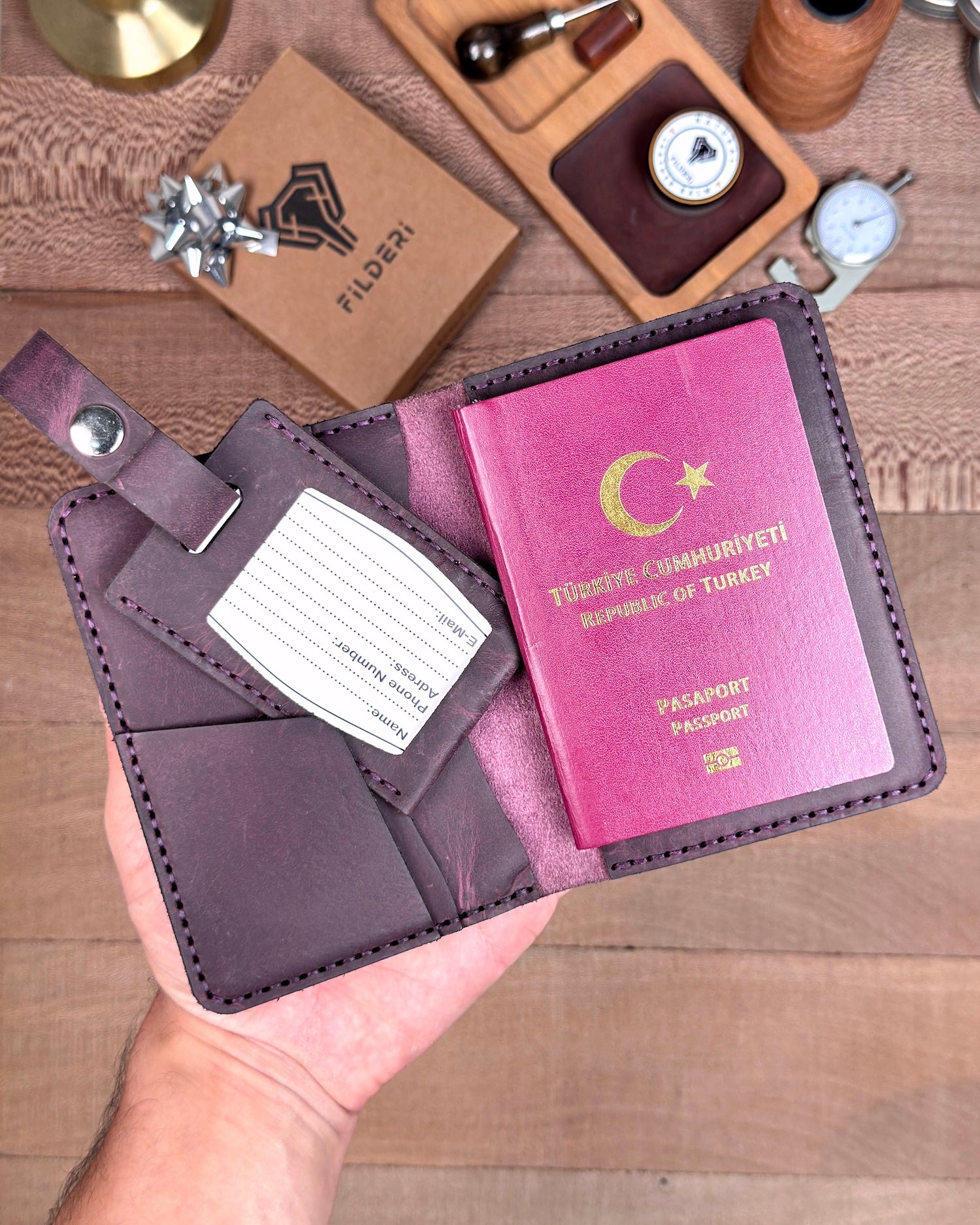 Deri Pasaport Kılıfı ve Valiz Etiketi Mor Renk 2038