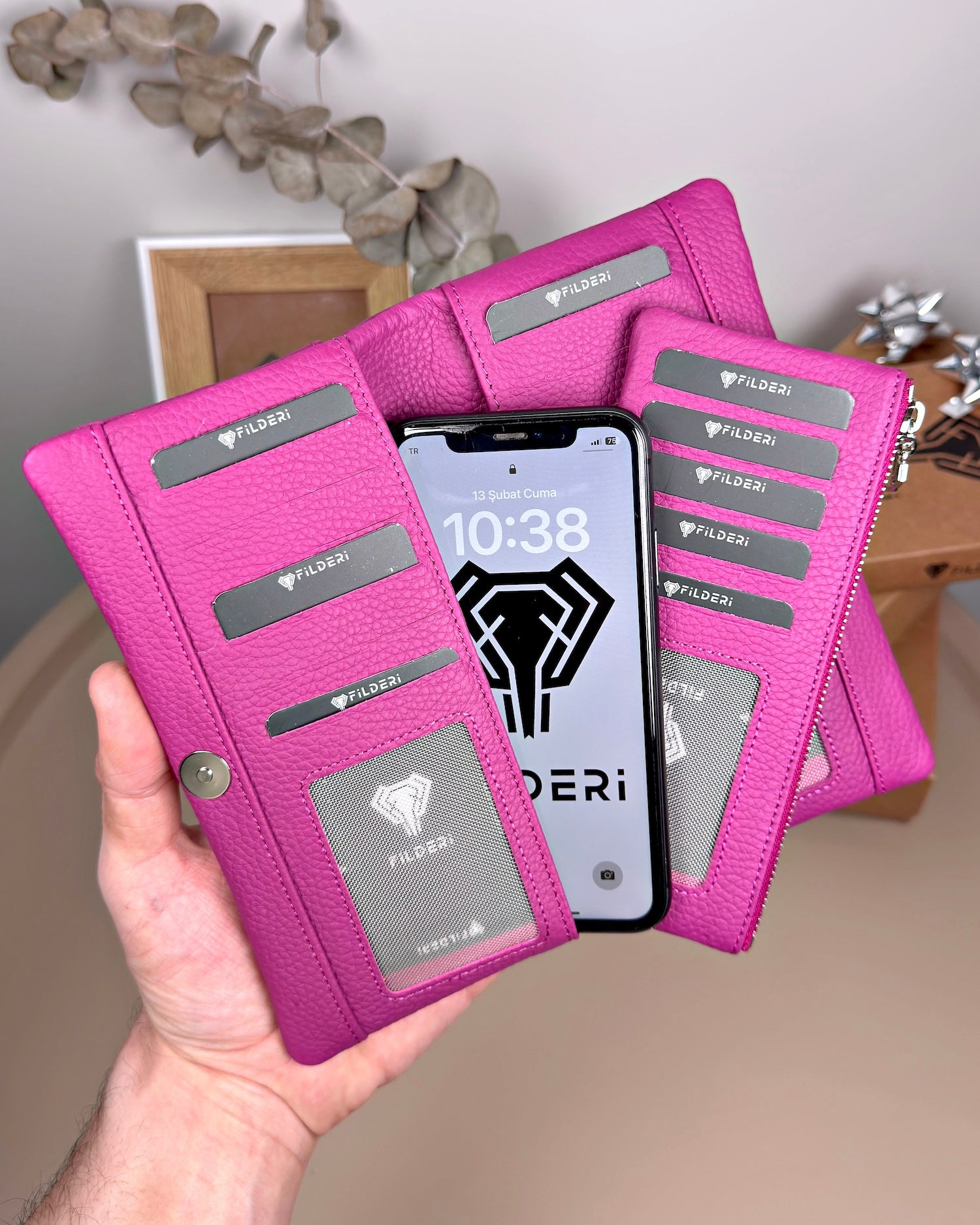 Telefon Bölmeli Cüzdan – Hakiki Deri, Kartlıklı, Fuşya | 2134