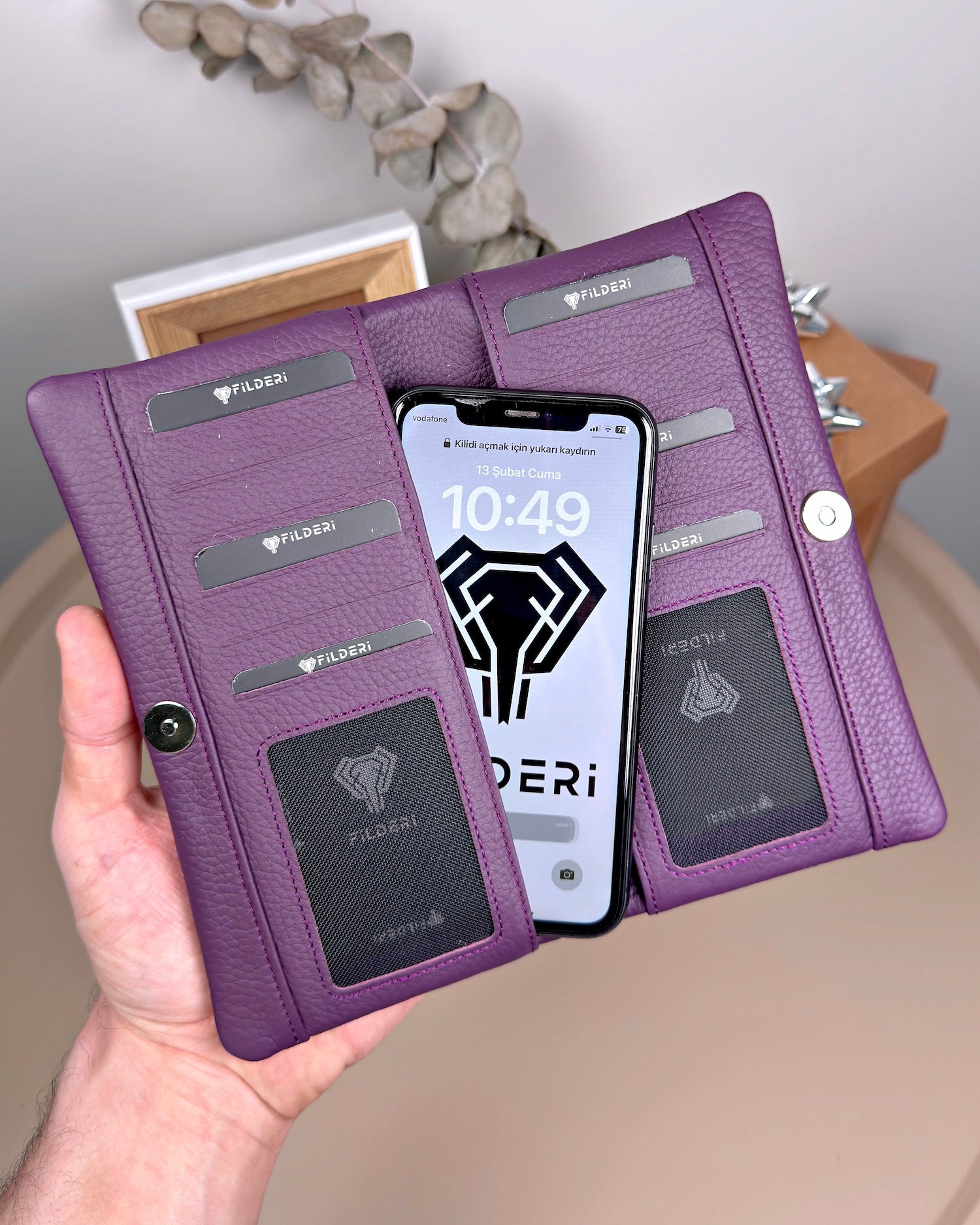 Telefon Bölmeli Cüzdan – Hakiki Deri, Kartlıklı, Mor | 2134