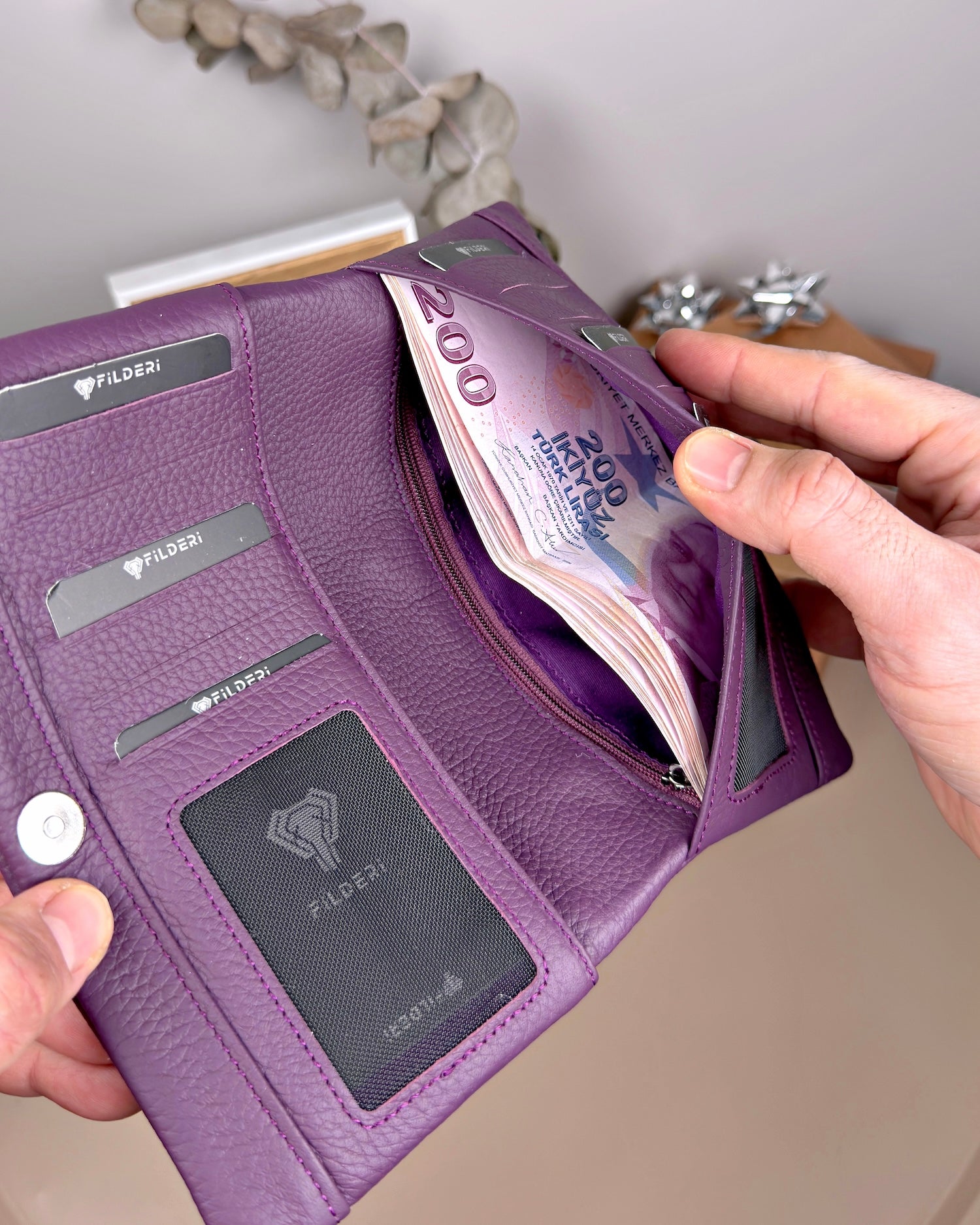 Telefon Bölmeli Cüzdan – Hakiki Deri, Kartlıklı, Mor | 2134