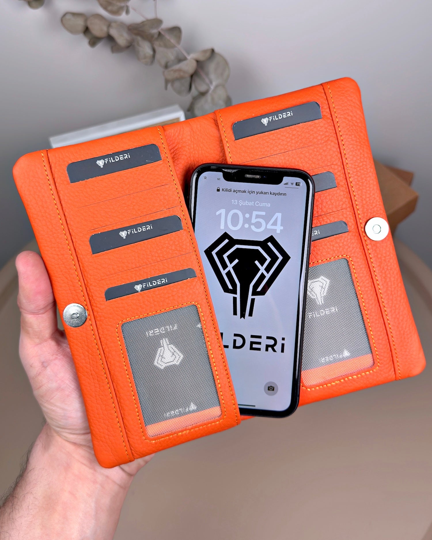 Telefon Bölmeli Cüzdan – Hakiki Deri, Kartlıklı, Turuncu | 2134