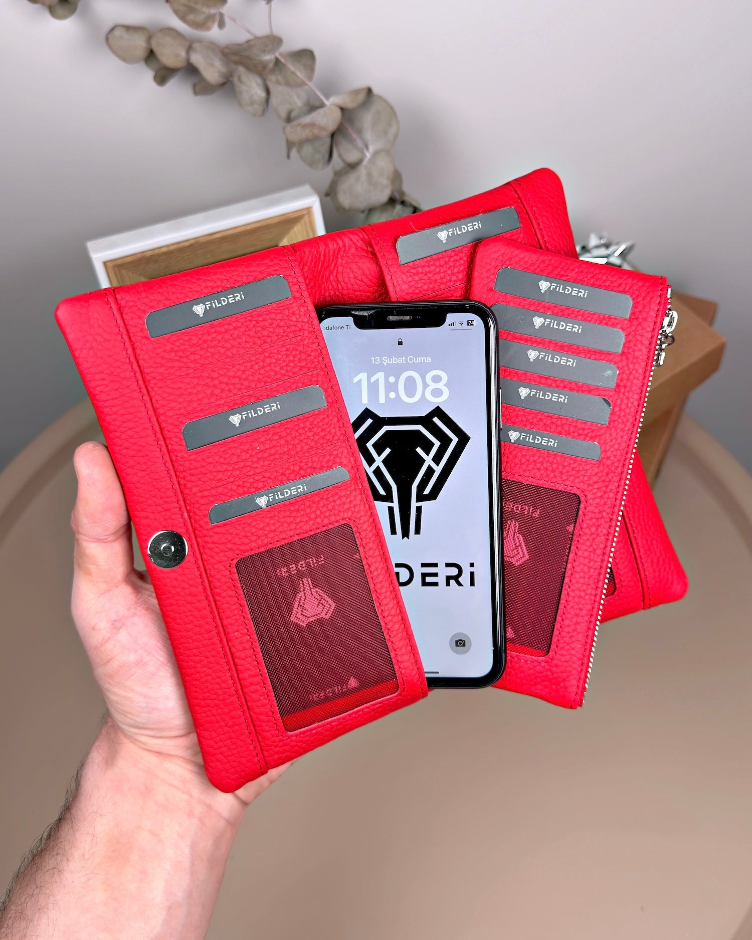 Telefon Bölmeli Cüzdan – Hakiki Deri, Kartlıklı, Kırmızı | 2134