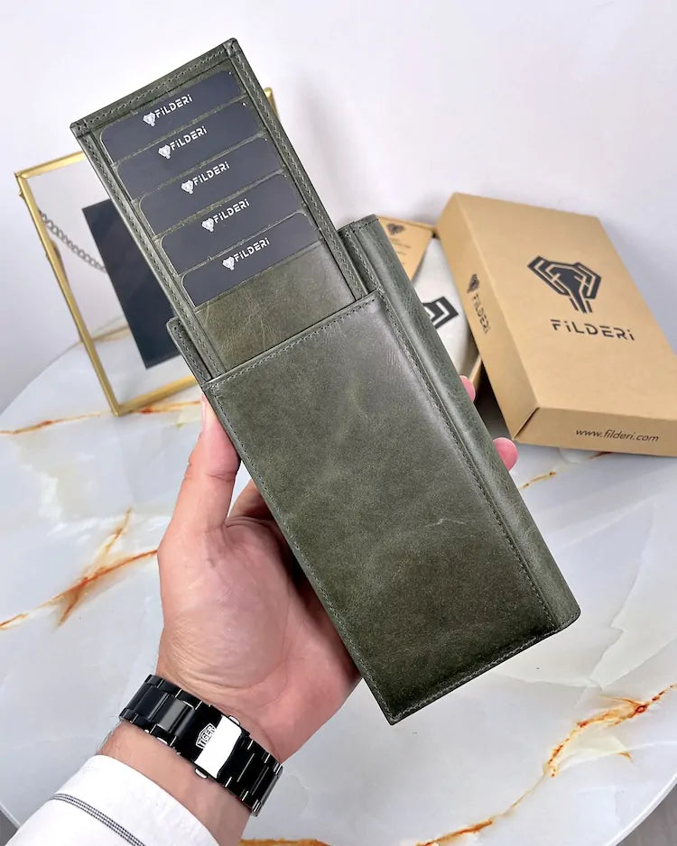 Telefon Bölmeli Cüzdan – Yeşil Renk, Mıknatıslı Hakiki Deri | 2047