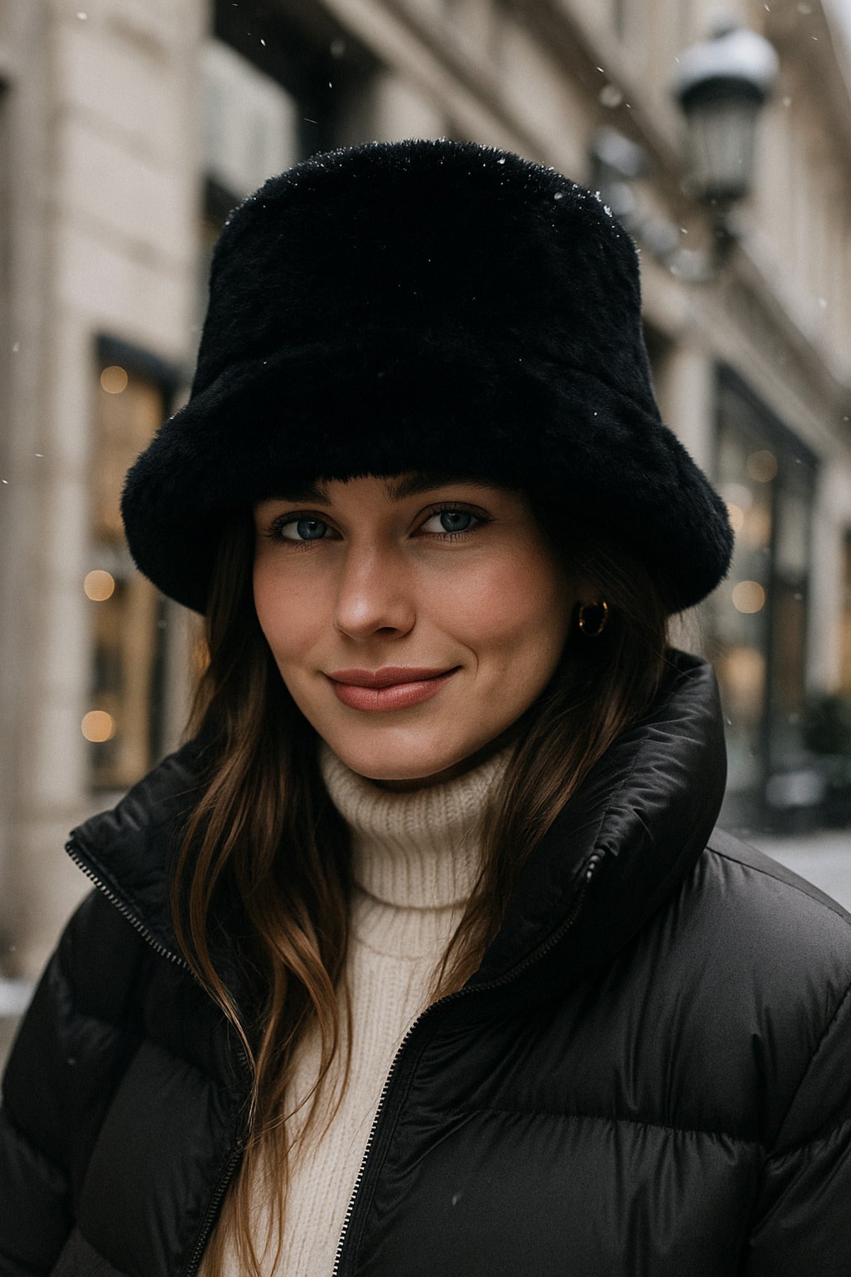 İthal Siyah Tüylü Bucket Şapka - Premium Trend Kış Şapkası - Canlı Siyah Renkli Aksesuar Spk1102-1