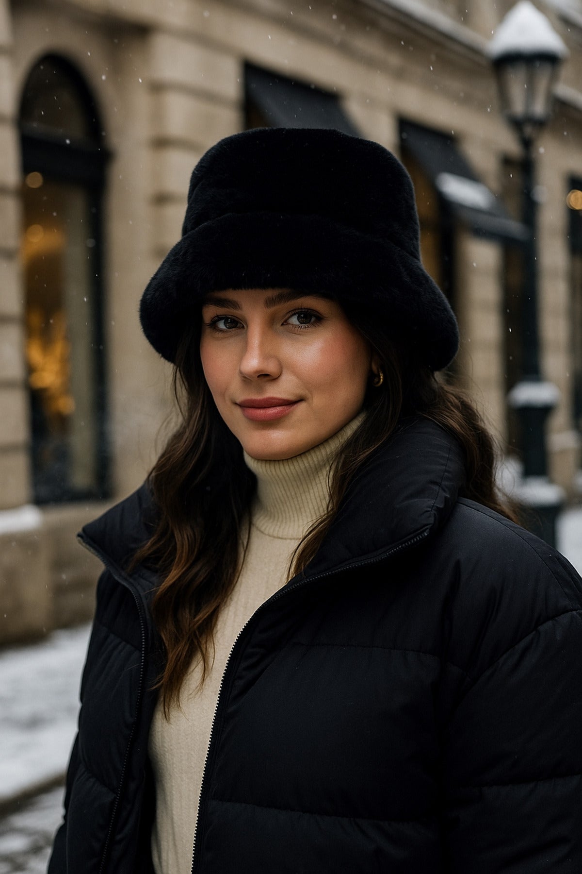 İthal Siyah Tüylü Bucket Şapka - Premium Trend Kış Şapkası - Canlı Siyah Renkli Aksesuar Spk1102-1