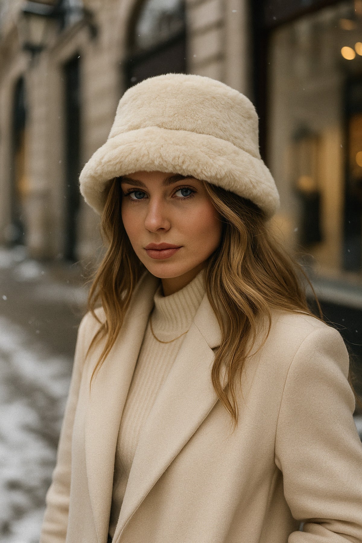 İthal Bej Tüylü Bucket Şapka - Premium Trend Kış Şapkası - Canlı Bej Renkli Aksesuar Spk1102-1