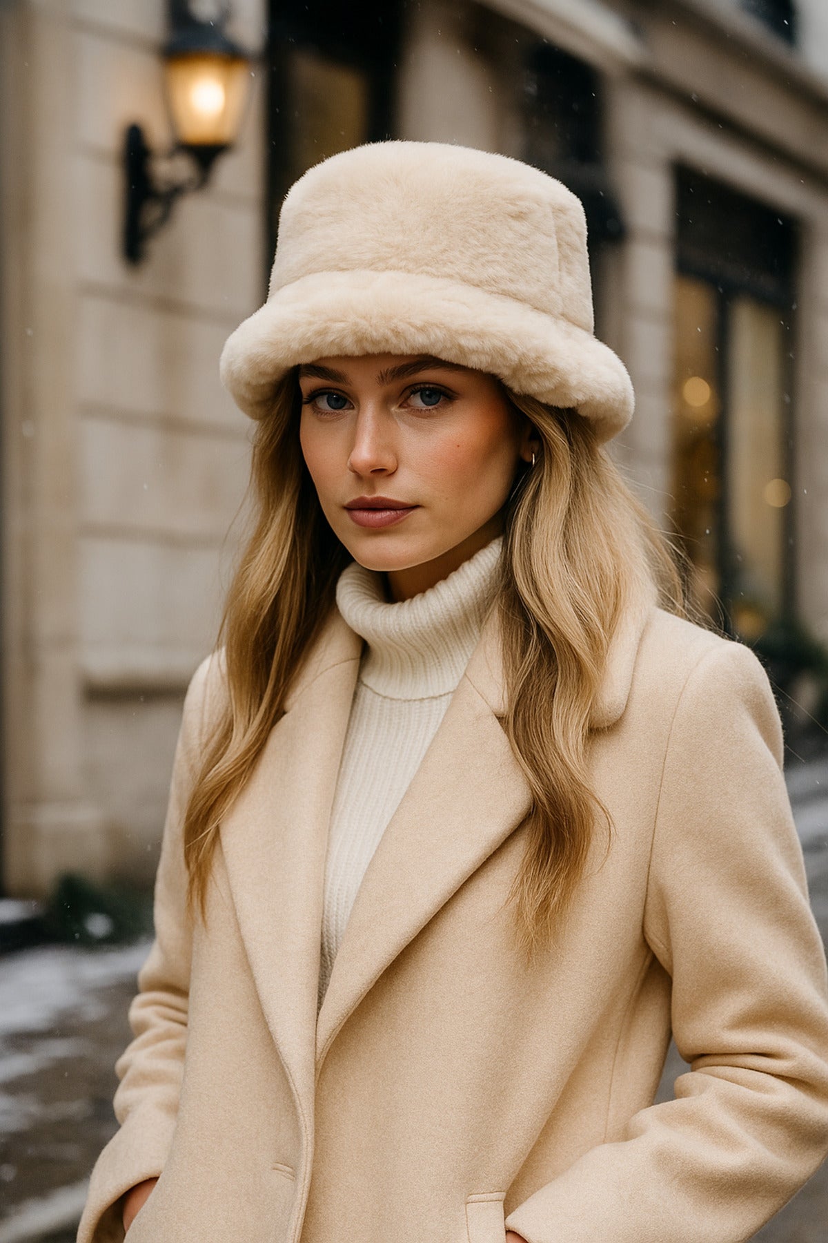 İthal Bej Tüylü Bucket Şapka - Premium Trend Kış Şapkası - Canlı Bej Renkli Aksesuar Spk1102-1