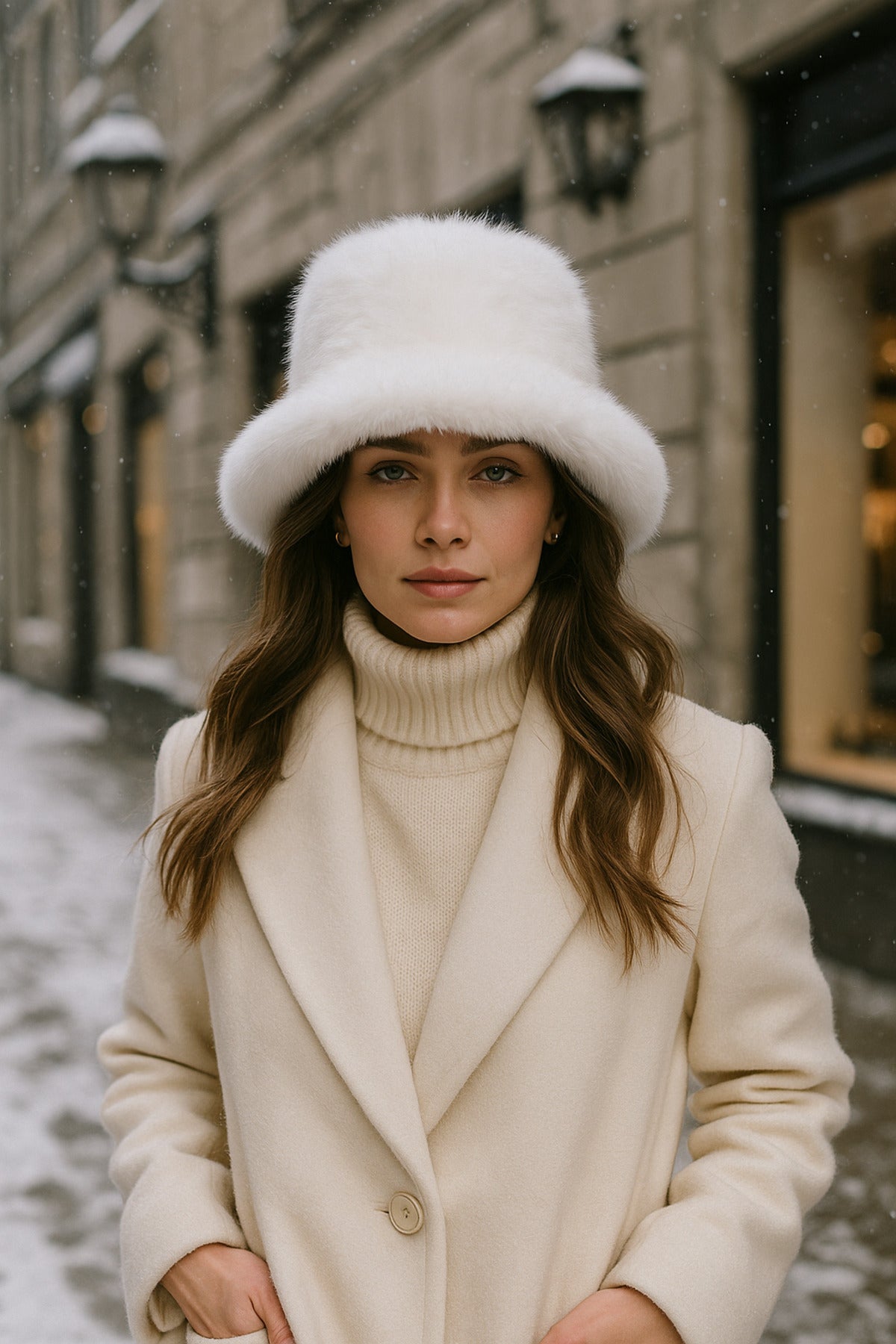 İthal Ekru Tüylü Bucket Şapka - Trend Kış Şapkası - Premium Ekru Renkli Aksesuar Spk1102-1